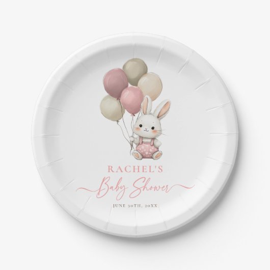 Bunny Rabbit Balloon Roze Baby Meisje Douche Papieren Bordje (Voorkant)
