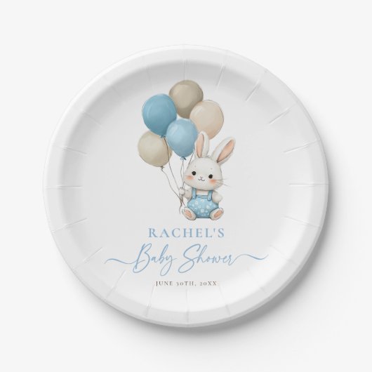 Bunny Rabbit Balloons Blue Baby Boy Shower Papieren Bordje (Voorkant)