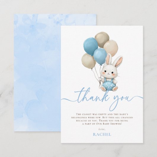 Bunny Rabbit Balloons Blue Boy Baby shower Bedankkaart (Voorkant / Achterkant)