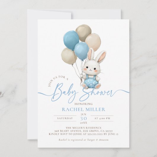 Bunny Rabbit Balloons Blue Boy Baby shower Kaart (Voorkant)
