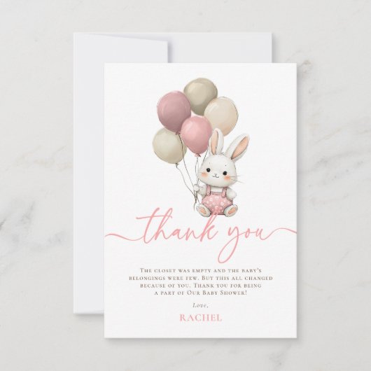 Bunny Rabbit Balloons Pink Girl Baby shower Bedankkaart (Voorkant)