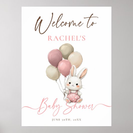 Bunny Rabbit Balloons Roze Baby shower Welkom Poster (Voorkant)