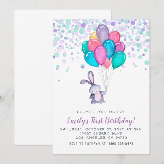 Bunny Rabbit Balloons Verjaardag Uitnodiging (Voorkant / Achterkant)