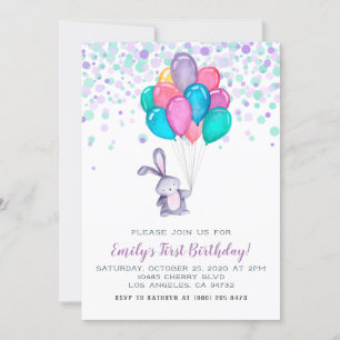 Bunny Rabbit Balloons Verjaardag Uitnodiging