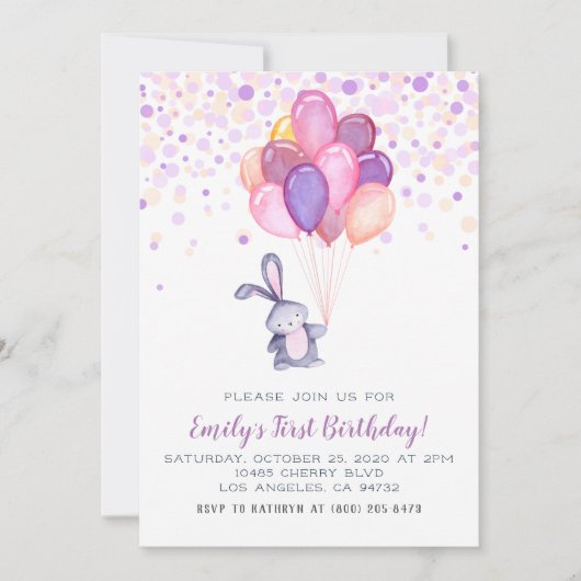 Bunny Rabbit Balloons Verjaardag Uitnodiging (Voorkant)