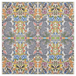 Bunny Rabbit, Birds Flowers Tiled Designer Fabric Stof
