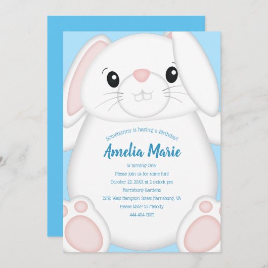 Bunny Rabbit Birthday Party Blue Kaart (Voorkant / Achterkant)