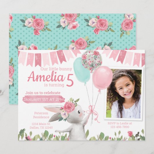 Bunny Rabbit Birthday Party Invitation Kaart (Voorkant / Achterkant)
