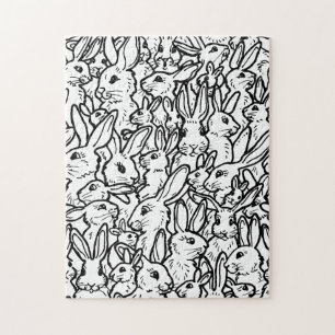 Bunny Rabbit Black & White Tekeningen Cute Fun Har Legpuzzel