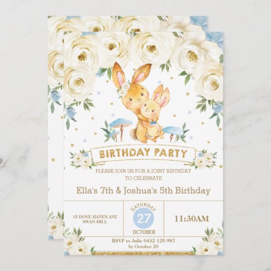 Bunny Rabbit Bloemen Gewricht Verjaardag Zus Broer Kaart (Voorkant / Achterkant)