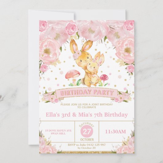 Bunny Rabbit Bloemen Gezamenlijke Verjaardagsfeest Kaart (Voorkant)