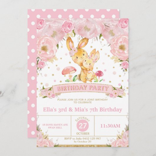 Bunny Rabbit Bloemen Gezamenlijke Verjaardagsfeest Kaart (Voorkant / Achterkant)