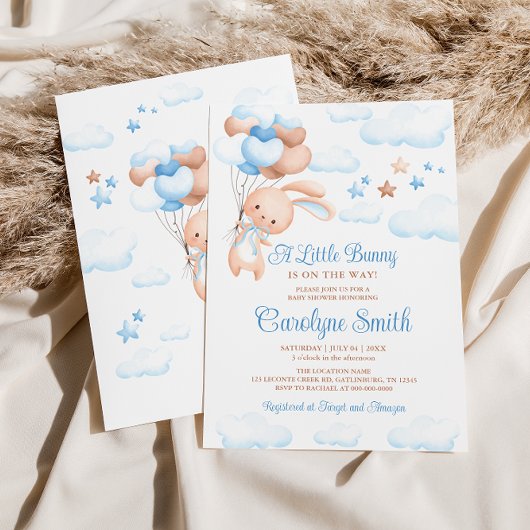 Bunny Rabbit Blue Balloon Baby shower Uitnodiging