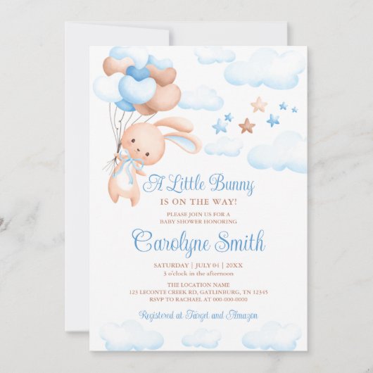 Bunny Rabbit Blue Balloon Baby shower Uitnodiging (Voorkant)