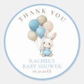 Bunny Rabbit Blue Balloons | Baby Boy Shower Ronde Sticker (Voorkant)