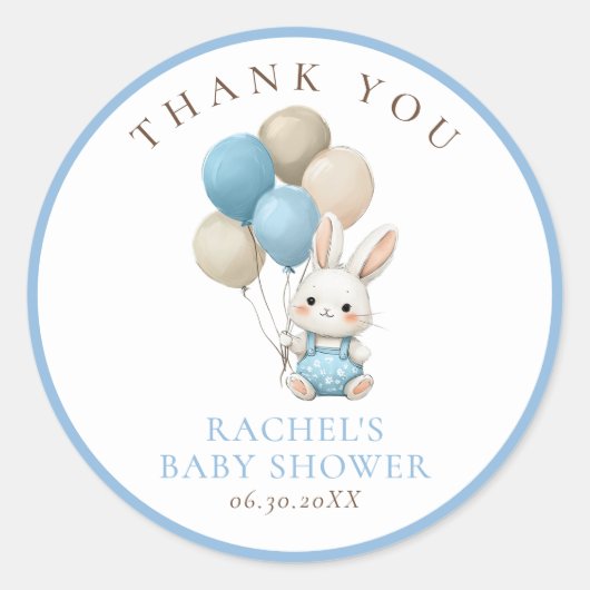 Bunny Rabbit Blue Balloons | Baby Boy Shower Ronde Sticker (Voorkant)