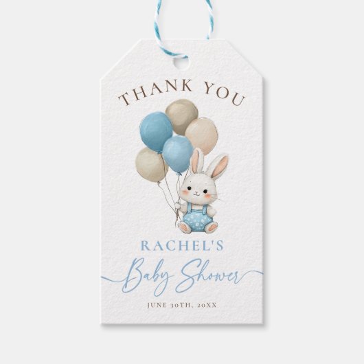 Bunny Rabbit Blue Balloons Boy Baby shower Cadeaulabel (Voorkant)