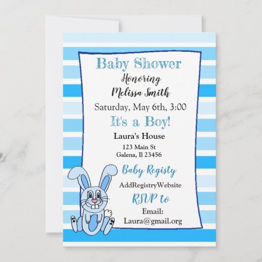 Bunny Rabbit Blue Boy Baby Shower-uitvindingen Kaart (Voorkant)