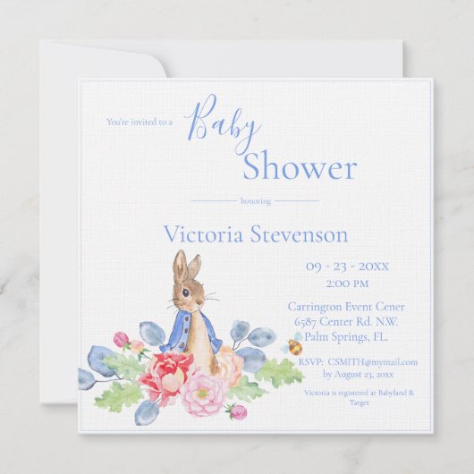 Bunny Rabbit Blue Floral Baby shower Uitnodiging (Voorkant)