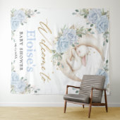 Bunny Rabbit Blue Floral Moon Baby Shower Welcome Wandkleed (In Situ (horizontaal))