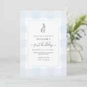 Bunny Rabbit Blue Gingham 1st Birthday Invitation Kaart (Staand voorkant)