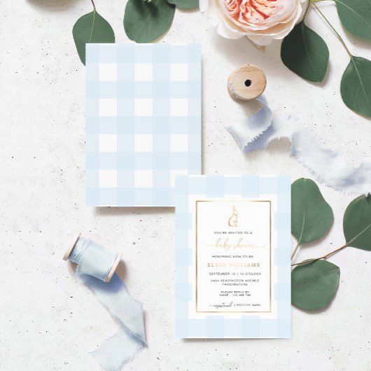 Bunny Rabbit Blue Gingham Baby shower Folie Invite Folie Uitnodiging