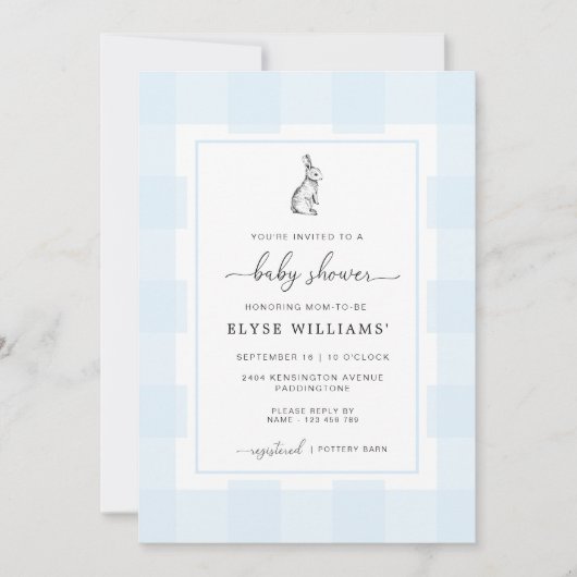 Bunny Rabbit Blue Gingham Baby shower Invitation Kaart (Voorkant)