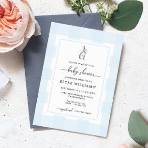 Bunny Rabbit Blue Gingham Baby shower Invitation Kaart