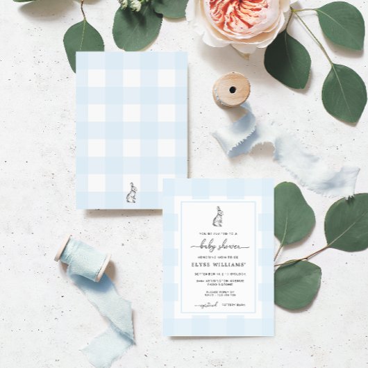 Bunny Rabbit Blue Gingham Baby shower Invitation Kaart