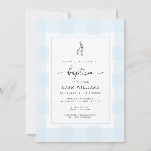 Bunny Rabbit Blue Gingham Baptism Invitation Kaart (Voorkant)