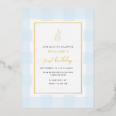 Bunny Rabbit Blue Gingham Birthday Folie Uitnodigi Uitnodiging (Voorkant)