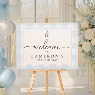Bunny Rabbit Blue Gingham Birthday Welcome Sign Poster
