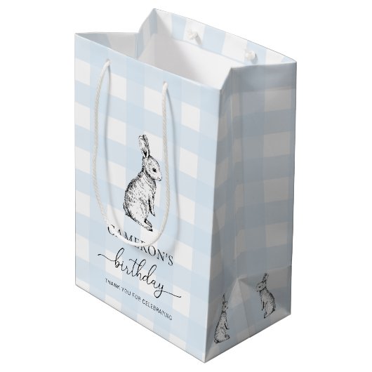 Bunny Rabbit Blue Gingham Favor Bag Medium Cadeauzakje (Achterkant Gekanteld)