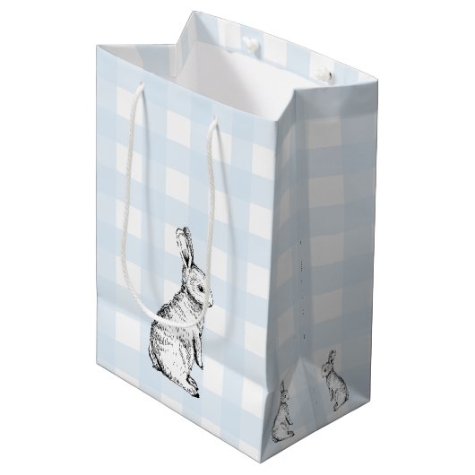 Bunny Rabbit Blue Gingham Gift Bag Medium Cadeauzakje (Voorkant Gekanteld)