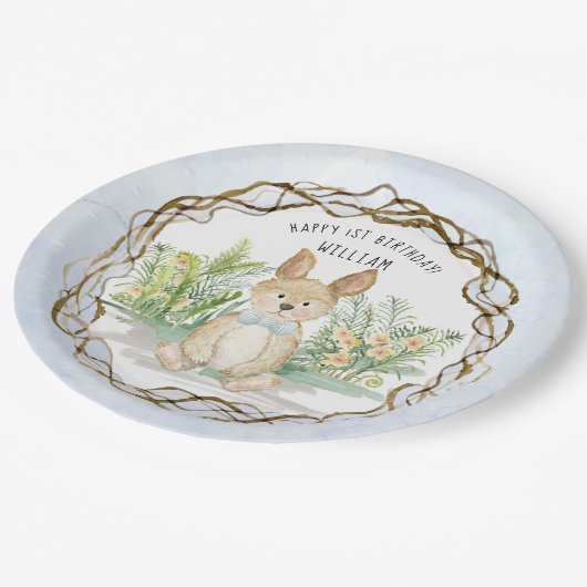 Bunny Rabbit Bow Stropdas Waterverf Boy 1st Birthd Papieren Bordje (Gekanteld)