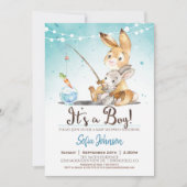Bunny Rabbit Boy Baby shower Blue Invitation Kaart (Voorkant)