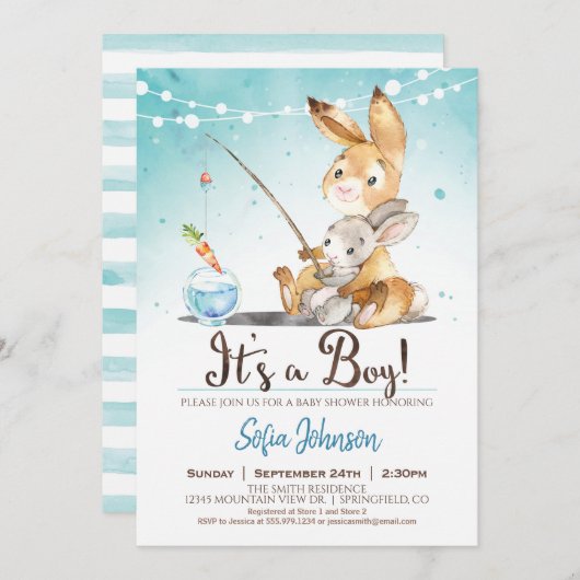 Bunny Rabbit Boy Baby shower Blue Invitation Kaart (Voorkant / Achterkant)