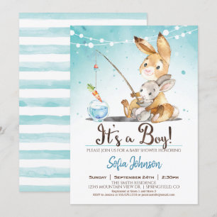 Bunny Rabbit Boy Baby shower Blue Invitation Kaart