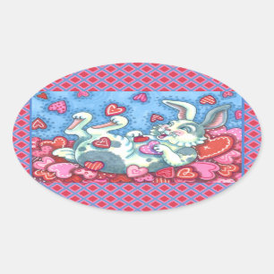 BUNNY RABBIT & COLORFUL HEARTS RAINING VALENTIJNSE OVALE STICKER