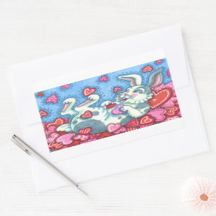 BUNNY RABBIT & COLORFUL HEARTS RAINING VALENTIJNSE RECHTHOEKIGE STICKER