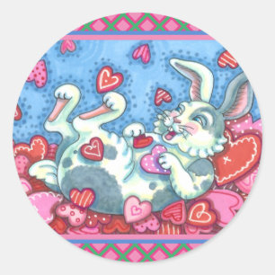 BUNNY RABBIT & COLORFUL HEARTS RAINING VALENTIJNSE RONDE STICKER