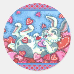 BUNNY RABBIT & COLORFUL HEARTS RAINING VALENTIJNSE RONDE STICKER