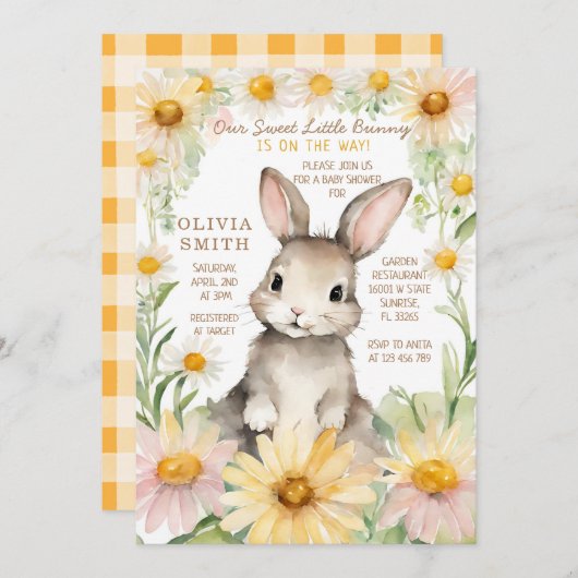 Bunny Rabbit Daisy Flower Garden Baby shower Kaart (Voorkant / Achterkant)