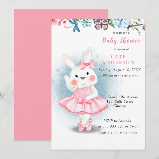 Bunny Rabbit Dancing Ballerina Baby shower Kaart (Voorkant / Achterkant)
