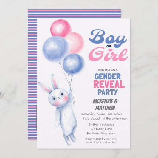 Bunny Rabbit en Balloon Gender onthullen Baby show Kaart (Voorkant / Achterkant)