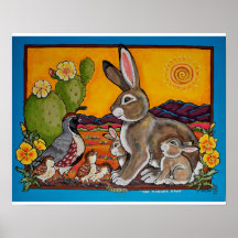 Bunny Rabbit en Quail Families Southwest Poster