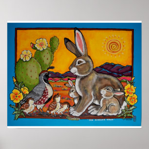 Bunny Rabbit en Quail Families Southwest Poster