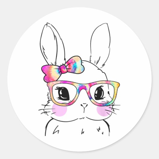 Bunny Rabbit Face Tie Dye Glasses Girl Happy Ronde Sticker (Voorkant)