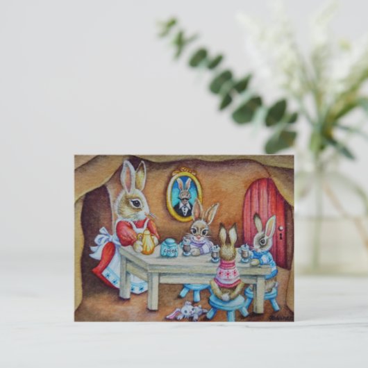 Bunny Rabbit Family Hot Cocoa Break Waterverf Art Briefkaart (Staand voorkant)