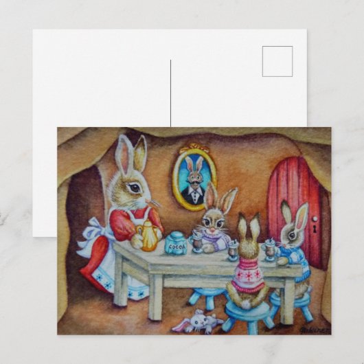 Bunny Rabbit Family Hot Cocoa Break Waterverf Art Briefkaart (Voorkant / Achterkant)